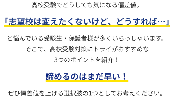 ⾼校受験でどうしても気になる偏差値。「志望校は変えたくないけど、どうすれば…」と悩んでいる受験⽣・保護者様もいるのではないでしょうか。そこで、⾼校受験対策にトライがおすすめな3つのポイントをご紹介！諦めるのはまだ早い！ぜひ偏差値を上げる選択肢の1つとしてお考えください。