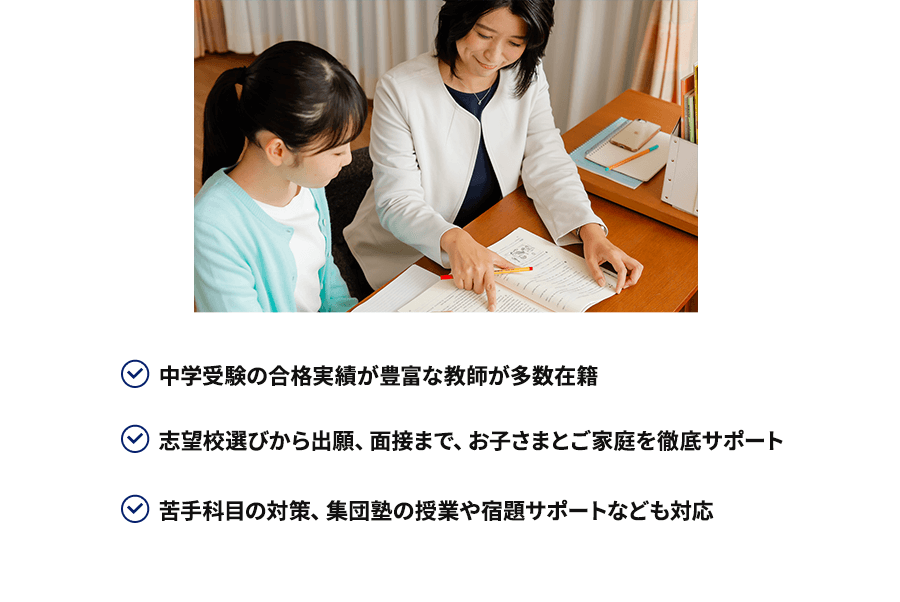 中学受験の合格実績が豊富な教師が多数在籍 志望校選びから出願、面接まで、お子さまとご家庭を徹底サポート 苦手科目の対策、集団塾の授業や宿題サポートなども対応