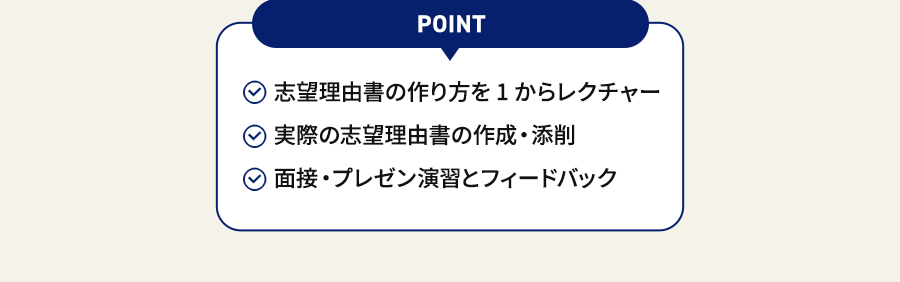 POINT 志望理由書の作り方を1からレクチャー 実際の志望理由書の作成・添削 面接・プレゼン演習とフィードバック