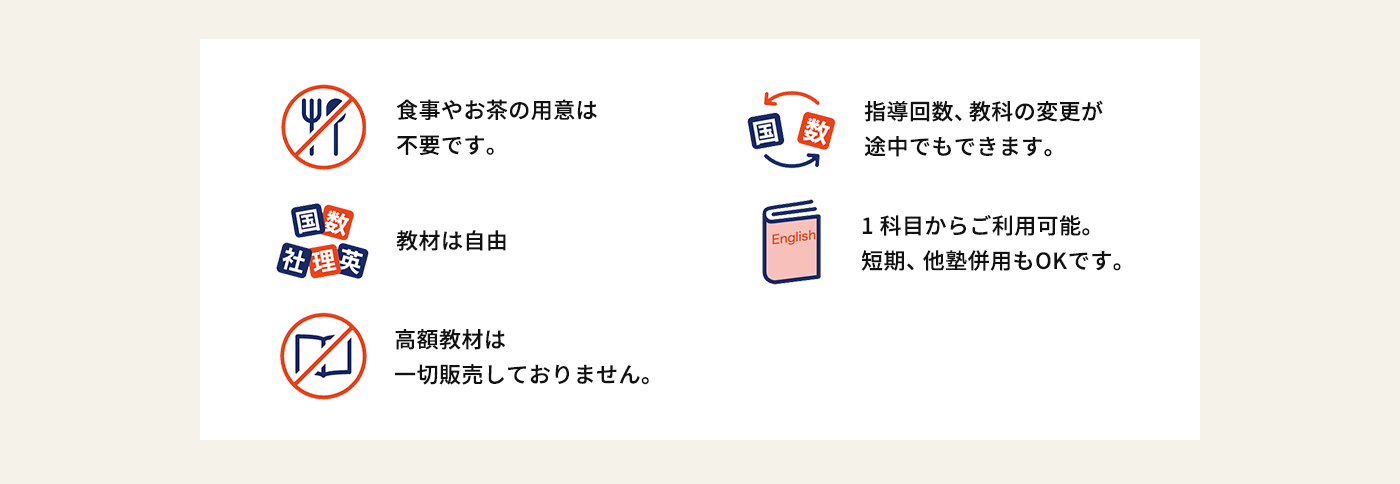 食事やお茶の用意は不要です。 指導回数、教科の変更が途中でもできます。教材は自由 1科目からご利用可能。短期、他塾併用もOKです。高額教材は一切販売しておりません。