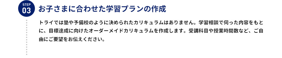 STEP03 お子さまに合わせた学習プランの作成 トライでは塾や予備校のように決められたカリキュラムはありません。学習相談で伺った内容をもとに、目標達成に向けたオーダーメイドカリキュラムを作成します。受講科目や授業時間数など、ご自由にご要望をお伝えください。