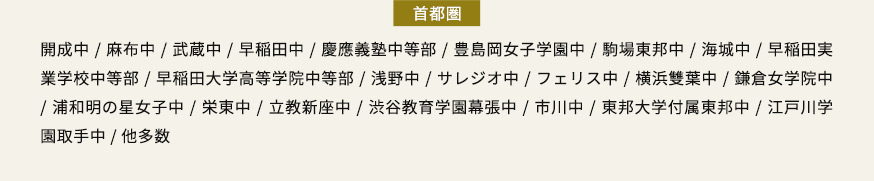 首都圏 開成中/麻布中/武蔵中/早稲田中/慶應義塾中等部/豊島岡女子学園中/駒場東邦中/海城中/早稲田実業学校中等部/早稲田大学高等学院中等部/浅野中/サレジオ中/フェリス中/横浜雙葉中/鎌倉女学院中/浦和明の星女子中/栄東中/立教新座中/渋谷教育学園幕張中/市川中/東邦大学付属東邦中/江戸川学園取手中/他多数