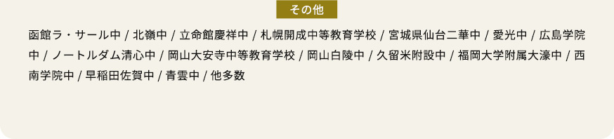 その他 函館ラ・サール中/北嶺中/立命館慶祥中/札幌開成中等教育学校/宮城県仙台二華中/愛光中/広島学院中/ノートルダム清心中/岡山大安寺中等教育学校/岡山白陵中/久留米附設中/福岡大学附属大濠中/西南学院中/早稲田佐賀中/青雲中/他多数