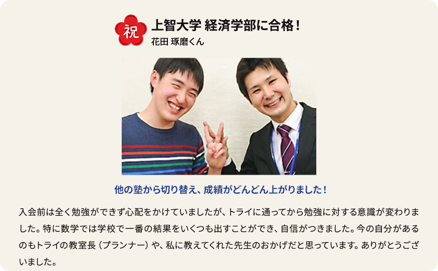 祝 上智大学 経済学部に合格！ 花田琢磨くん 他の塾から切り替え、 成績がどんどん上がりました！ 入会前は全く勉強ができず心配をかけていましたが、トライに通ってから勉強に対する意識が変わりました。特に数学では学校で一番の結果をいくつも出すことができ、自信がつきました。今の自分があるのもトライの教室長（プランナー）や、私に教えてくれた先生のおかげだと思っています。ありがとうございました。