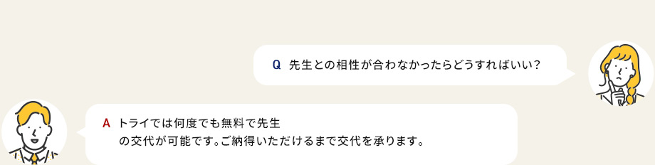 Q先生との相性が合わなかったらどうすればいい？ Aトライでは何度でも無料で先生の交代が可能です。ご納得いただけるまで交代を承ります。