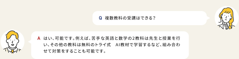 Q複数教科の受講はできる？ Aはい、可能です。例えば、苦手な英語と数学の2教科は先生と授業を行い、その他の教科は無料のトライ式AI教材で学習するなど、組み合わせて対策をすることも可能です。