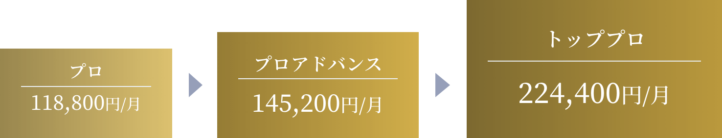 プロ月収118,800円、プロアドバンス月収145,200円、トッププロ月収224,400円