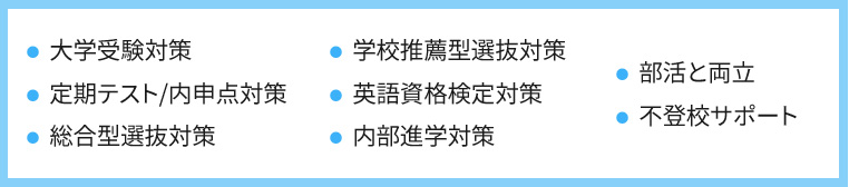 ・大学受験対策 ・定期テスト／内申点対策 ・総合型選抜対策 ・学校推薦型選抜対策 ・英語資格検定対策 ・内部進学対策 ・部活と両立 ・不登校サポート