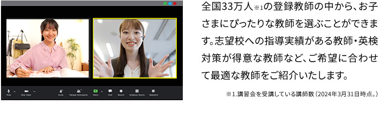 全国33万人※1の登録教師の中から、お子さまにぴったりな教師を選ぶことができます。志望校への指導実績がある教師・英検対策が得意な教師など、ご希望に合わせて最適な教師をご紹介いたします。 ※1.講習会を受講している講師数(2024年3月31日時点。)