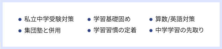 私立中学受験対策・集団塾と併用 ・学習基礎固め ・学習習慣の定着 ・算数／英語対策 ・中学学習の先取り