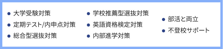 ・大学受験対策 ・定期テスト／内申点対策 ・総合型選抜対策 ・学校推薦型選抜対策 ・英語資格検定対策 ・内部進学対策 ・部活と両立 ・不登校サポート