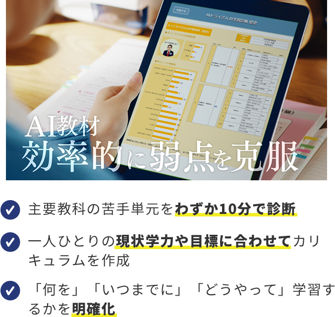 AI教材 効率的に弱点を克服　・主要教科の苦手単元をわずか10分で診断　・一人ひとりの現状学力や目標に合わせてカリキュラムを作成　・「何を」「いつまでに」「どうやって」学習するかを明確化